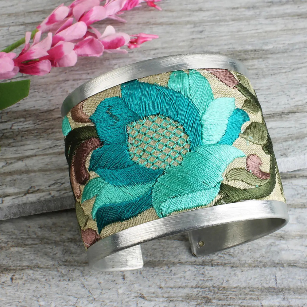 B1197 | Turquoise Flower Embroidered Elegance Cuff Bracelet